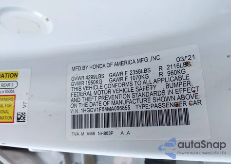 2021 Honda Accord Ex-L from USA, damaged, VIN 1HGCV1F54MA056855